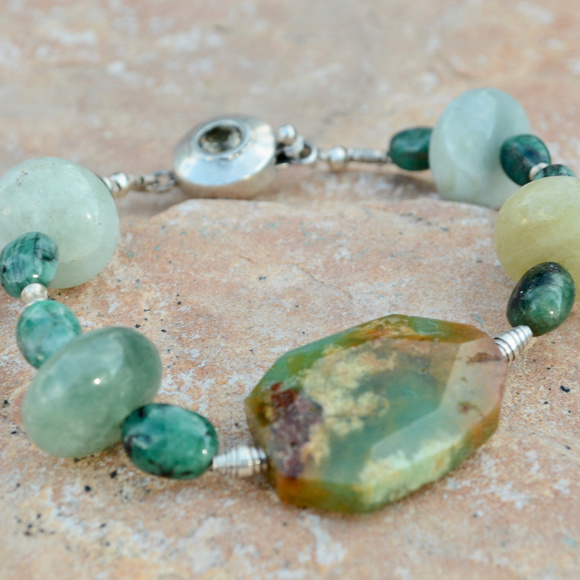 Aquamarine Chrysoprase Emerald Sterling Bracelet - Picture 3 of 8